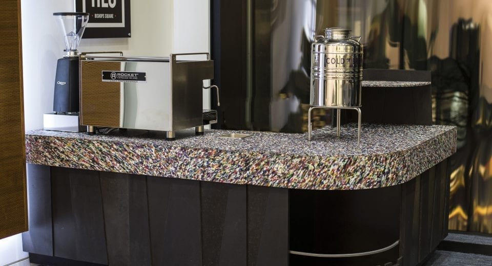 Smile Plastics bottle and coffee bar at societe generale for Hej Coffeehighres